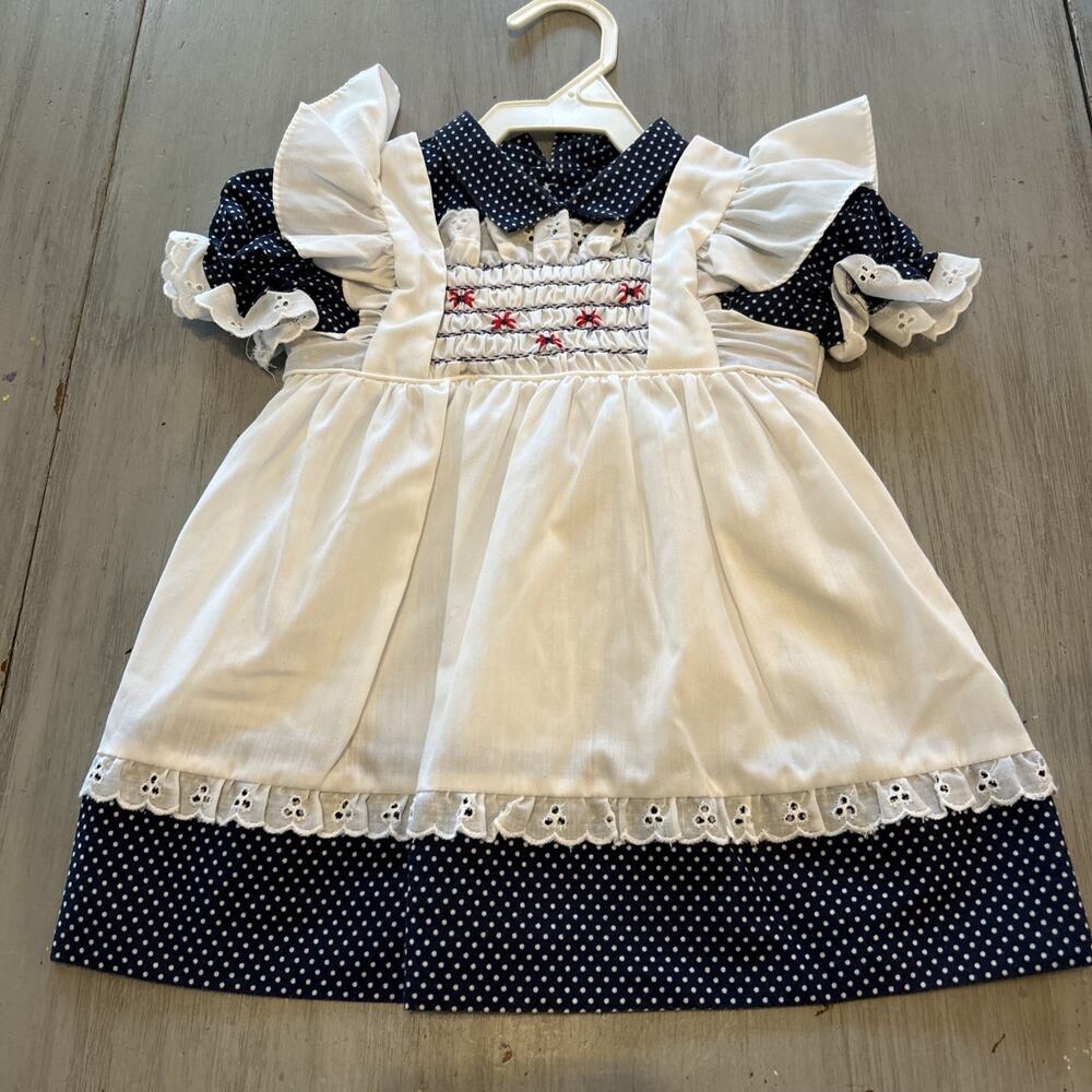 Polly Flinders Blue White Polka Dot Apron Dress 24M Lace Cottage Victorian 90s